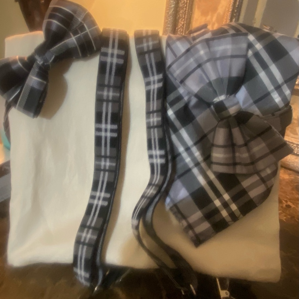 Two bow ties, pocket handkerchief and suspenders